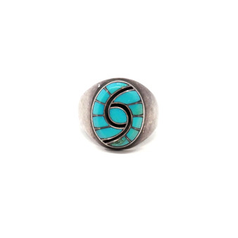 Sterling Silver 925 Authentic Amy and Dickie Quandelacy Zuni Turquoise Inlay Signet Ring - Size 10