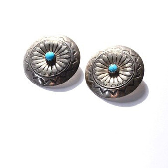 Vintage Sterling Silver Navajo Turquoise Bezel Set Floral & Sunray Disc Earrings