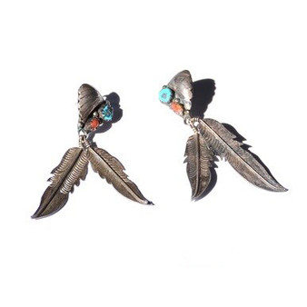 Vintage Sterling Silver Turquoise & Coral Sawtooth Bezel Set Zuni Feather Earrings