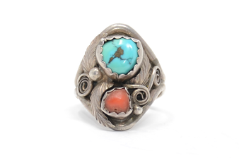925 Sterling Navajo Turquoise and Coral Ring