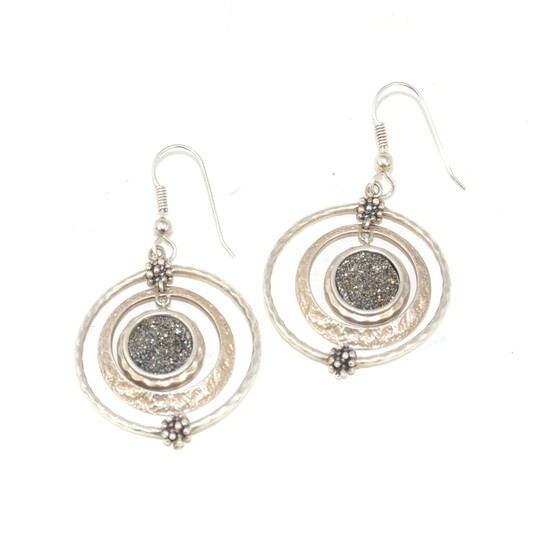 925 Sterling Silver Concentric Circle Geode Druzy Dangle Earrings