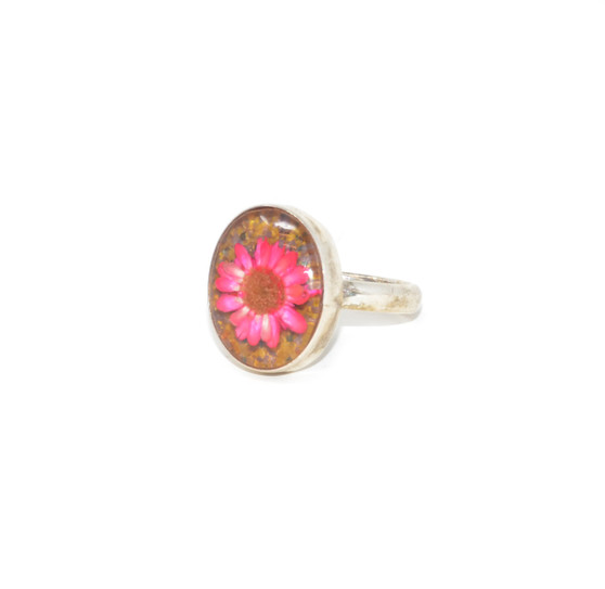 Hot Pink Pressed Flower Resin 925 Ring-Size 6.75