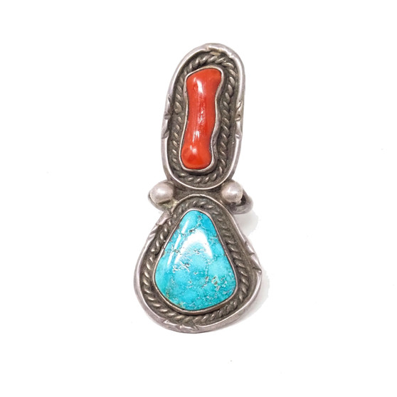 925 Sterling Silver Coral and Turquoise Rope Frame Ring - Size 6.5