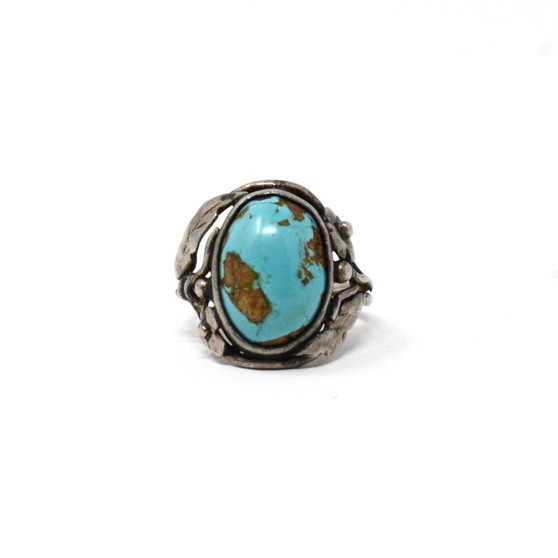 Vintage Sterling Silver Mirrored Boulder Turquoise Floral Setting Ring Size 6.5