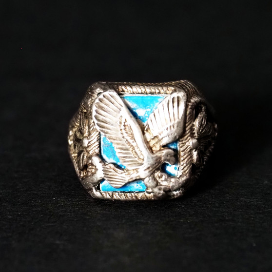 925 Sterling Silver Eagle Turquoise Shadowbox Signet Ring - Size 5