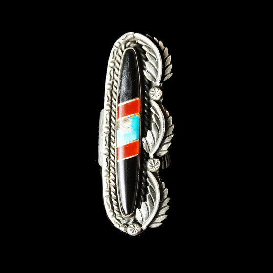 925 Silver Southwestern Style Feather Onyx and Turquoise Inlay Ring - Size 4.5