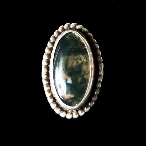 Silver Oval Moss Agate Statement Ring - Size 6.75
