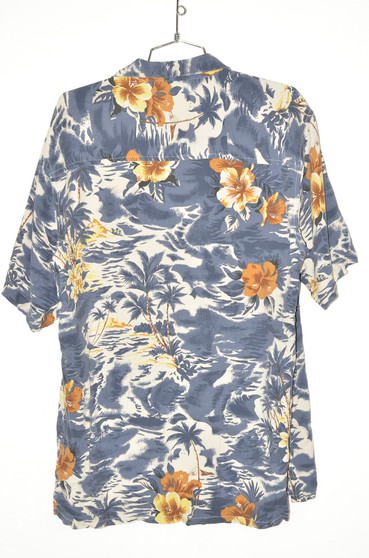 100% Silk Blue Palm & Orchid Hawaiian Shirt | 44 Large