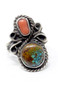 Red Coral & Turquoise Stop Light Native American Bezel Set Sterling Silver Ring