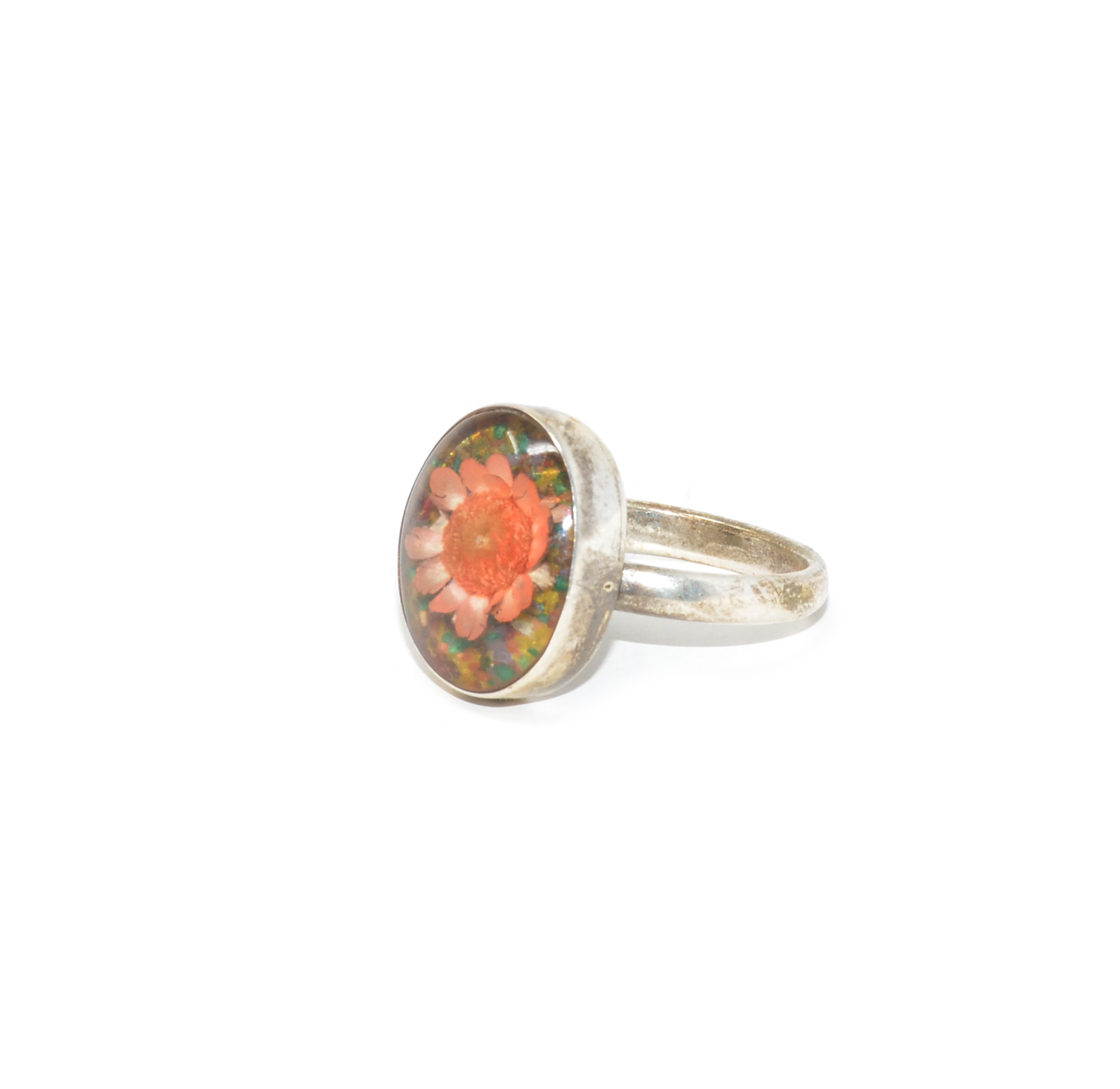 Pink and Orange Pressed Flower Resin Ring-Size 8.5