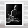 Old Woman On Wooden Chair By Table Black And White Wall Art Print
