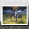 On The Pasture Horses Eating Grass Blurry Image Wall Art Print