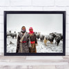 Snowy People With Cattle Cows Wall Art Print