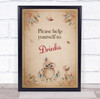 Vintage Cute Owl Please Help Yourself Drinks Baby Shower Personalised Party Sign