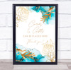 CardsGifts Watercolour Teal Blue Turquoise Gold Floral Personalised Party Sign