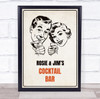 Vintage Couple Orange Cocktail Bar Room Personalised Wall Art Sign