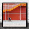 Bicycle Red Building Orange Stairs Square Wall Art Print