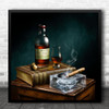 Cigar Scotch Book Alcohol Smoking Whiskey Smoke Bar Drink Glass Square Wall Art Print