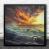 Sunset Sun Clouds Sky Red Intense Sea Water Paint Waves Square Wall Art Print