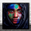 Portrait Face Eyes Intense Expression Veil Colour Painted Paint Square Wall Art Print