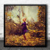 Girl Autumn Portrait Outside Outdoors Boots Purple Yellow Fall Square Wall Art Print