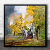 Steam Train Wilderness Tress Autumn Landscape Painting Square Wall Art Print