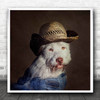 Portrait Dog Straw Hat Cute Dungarees Square Wall Art Print