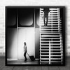 Black And White Staircase Woman Walking Away Argument Square Wall Art Print