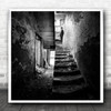 Man Ruins Stairs Home House Decay Broken B&W Square Wall Art Print