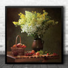 Still Life Bouquet Flowers Decor Indoors Fruits Apricots Square Wall Art Print