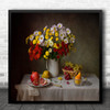 Still Life Bouquet Flower Flowers Pear Grape Grapes Fruit Basket Square Print