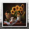 Sunflower Flower Yellow Basket Rustic Pitcher Bucket Bouquet Square Art Print