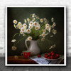 Still Life Daisy In Vase Floral Strawberries Square Wall Art Print