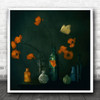 Still Life Dark Green Orange Poppies Flowers Square Wall Art Print