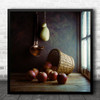 Still Life Window Apples In Basket Autumnal Kitchen Square Wall Art Print