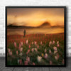 Tulips Flower field Woman Dog Walk Sunset Square Wall Art Print