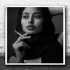Portrait Black And White Beauty Model Woman Face Lips Smoking Square Art Print
