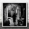 Old Woman Silhouette Behind Back Alley Town Walking Square Wall Art Print