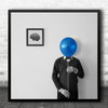 Conceptual Black And White Man Brain Balloon Blue Square Wall Art Print