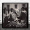 Still Life Portrait Old Man Feeding Two Pigeons Square Wall Art Print