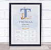 New Baby Birth Details Christening Nursery Blue Initial T Keepsake Gift Print