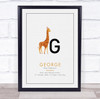 New Baby Birth Details Christening Nursery Initial Giraffe G Keepsake Gift Print