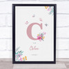 Pink Initial C Watercolour Flowers Baby Birth Details Nursery Christening Print