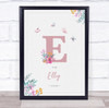 Pink Initial E Watercolour Flowers Baby Birth Details Nursery Christening Print