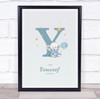 New Baby Birth Details Christening Nursery Blue Elephant Initial Y Gift Print