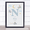 New Baby Birth Details Nursery Christening Blue Planes Initial N Gift Print