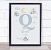 New Baby Birth Details Nursery Christening Blue Planes Initial Q Gift Print