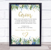 Blue Floral & Gold Mothers Day Poem Gran Personalised Gift Art Print