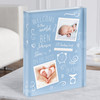 New Baby Birth Details Typographic Doodle 2 Photos Blue Gift Acrylic Block