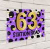Dalmatian Print Gold Heart Purple 3D Modern Acrylic Door Number House Sign